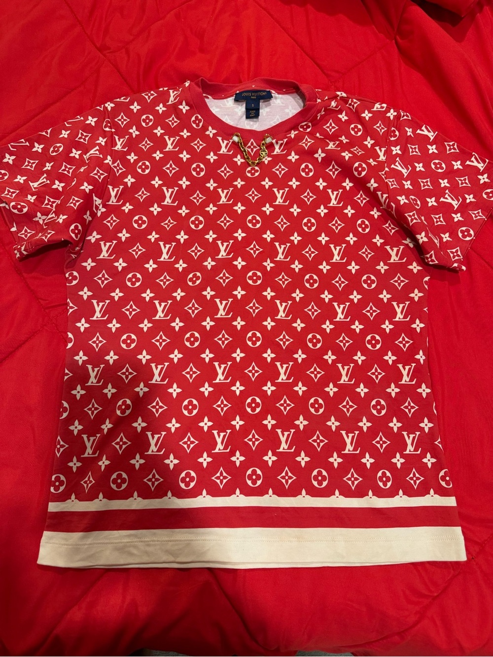 Louis Vuitton Red and White Monogram Chain-Accent Tee